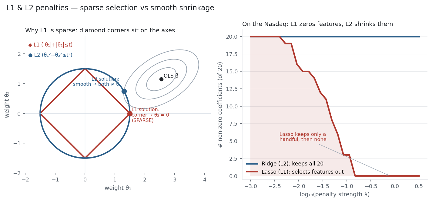 The L1 diamond vs L2 circle geometry beside a Nasdaq plot of Lasso zeroing features while Ridge keeps all 20