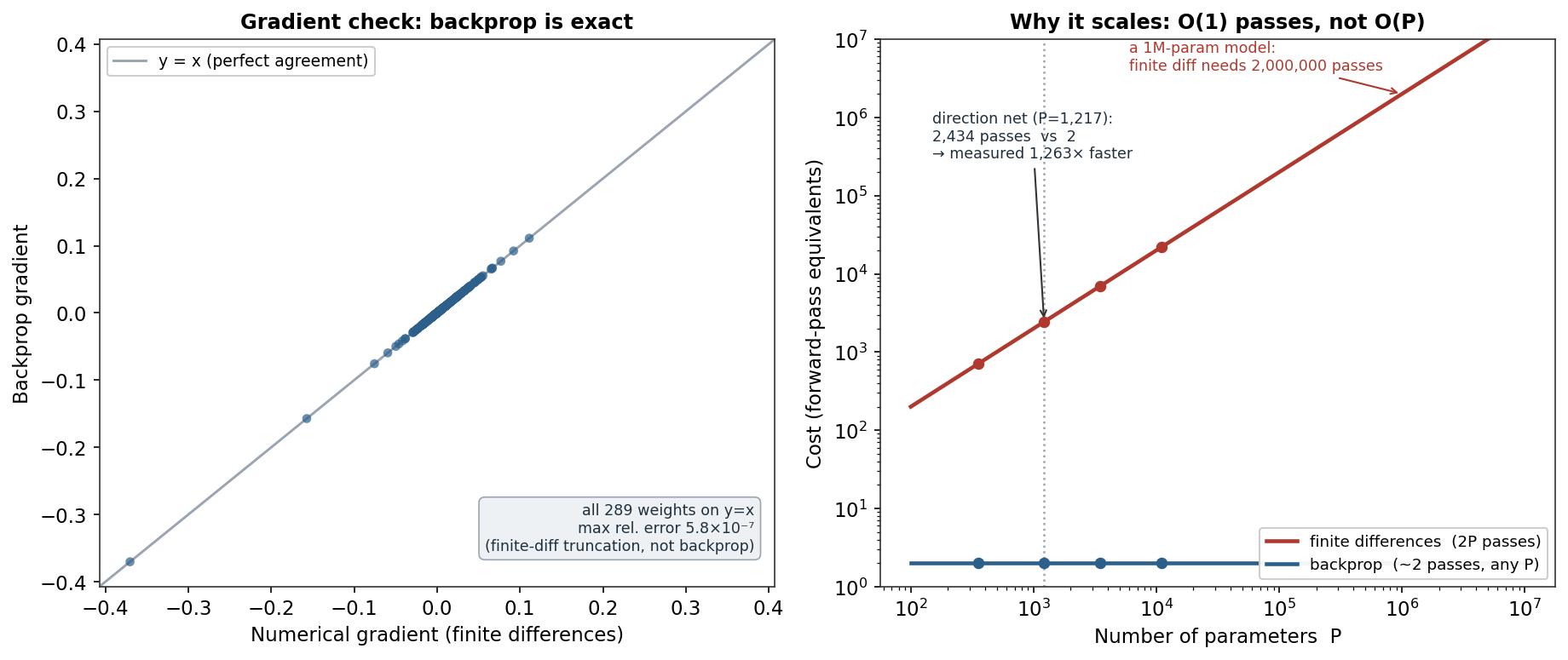 A gradient-check scatter with every weight on the y=x line beside a log-log plot where backprop cost stays flat while finite-difference cost grows with parameter count